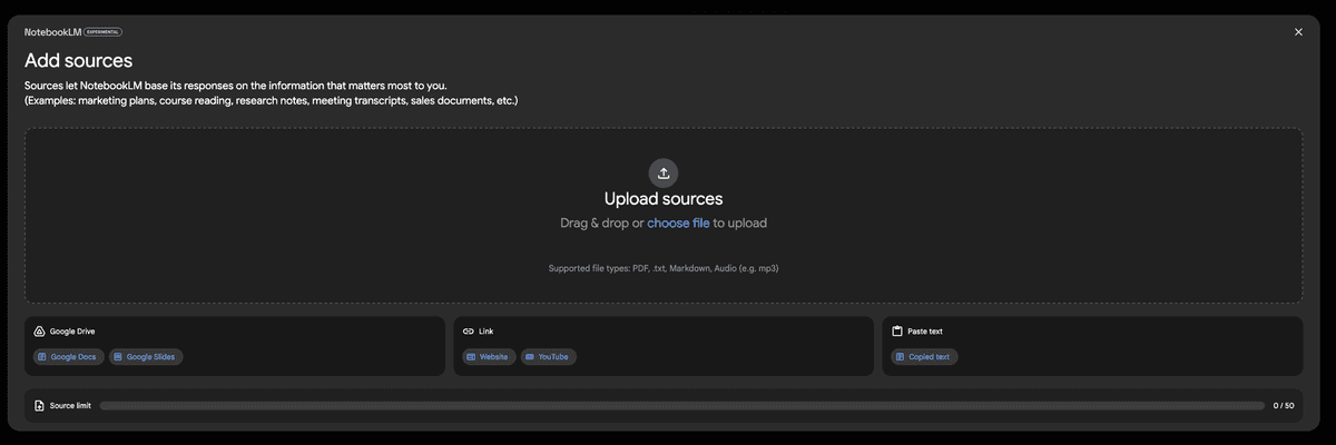 NotebookLM Source Upload Interface